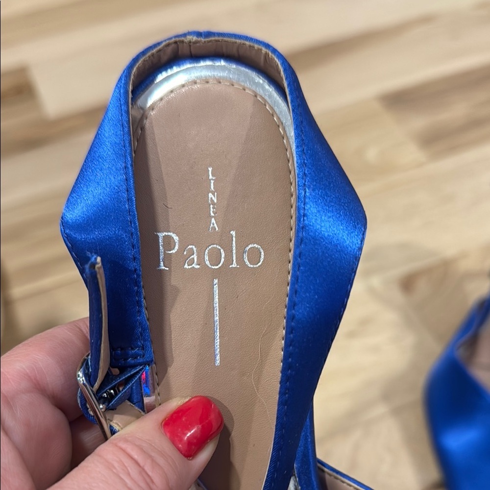Paolo Blue Satin Stiletto Heels with Ankle Strap - Picture 2 of 3